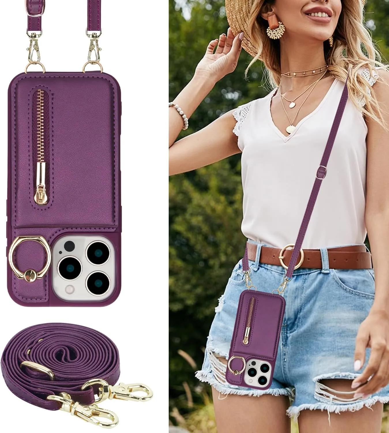 Crossbody Wallet Case for iPhone 16 Pro with Lanyard Strap Card Slot Holder RFID Blocking 360° Ring Kickstand,Magnetic Flip Folio Zipper Purse Case, PU Leather Cover Handbag,Deep Purple