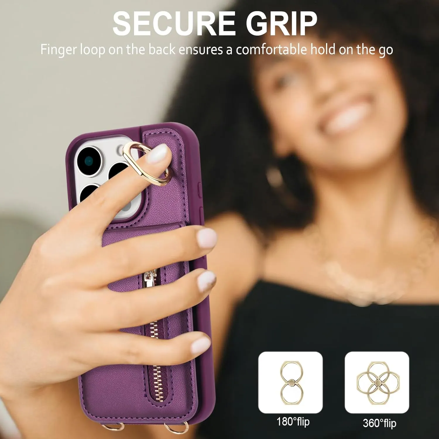 Crossbody Wallet Case for iPhone 16 Pro with Lanyard Strap Card Slot Holder RFID Blocking 360° Ring Kickstand,Magnetic Flip Folio Zipper Purse Case, PU Leather Cover Handbag,Deep Purple