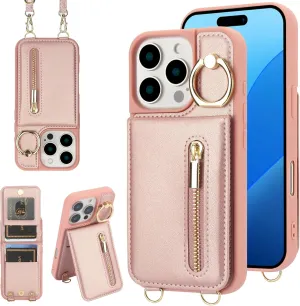 Crossbody Wallet Case for iPhone 16 Pro with Lanyard Strap Card Slot Holder RFID Blocking 360° Ring Kickstand,Magnetic Flip Folio Zipper Purse Case, PU Leather Cover Handbag,Rose Gold