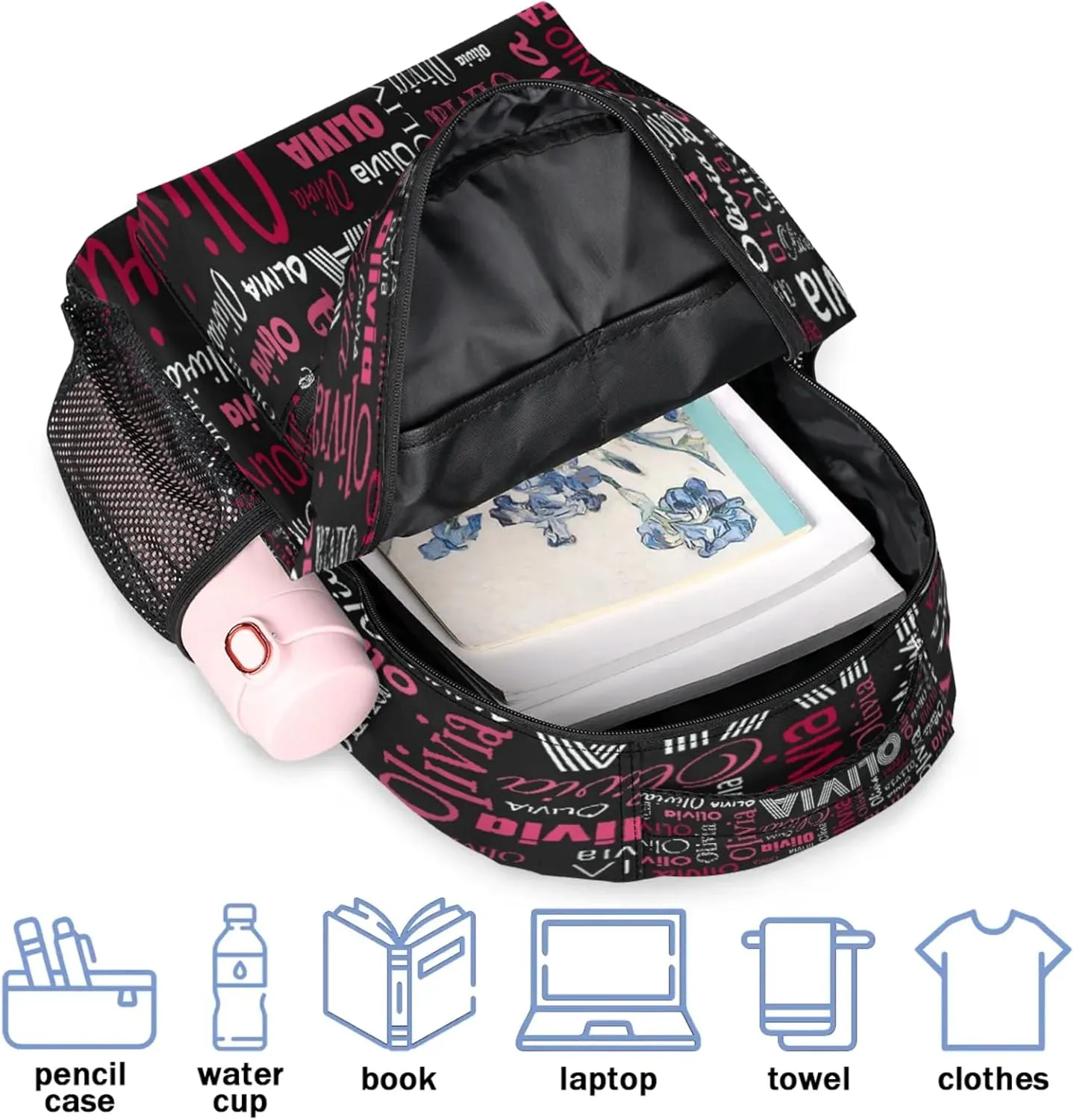 Custom Backpack Bag for Women Men, Waterproof Personalized Casual Backpacks with Name, Black Red Background Customized Bag Back Pack, Adjustable Shoulder Straps