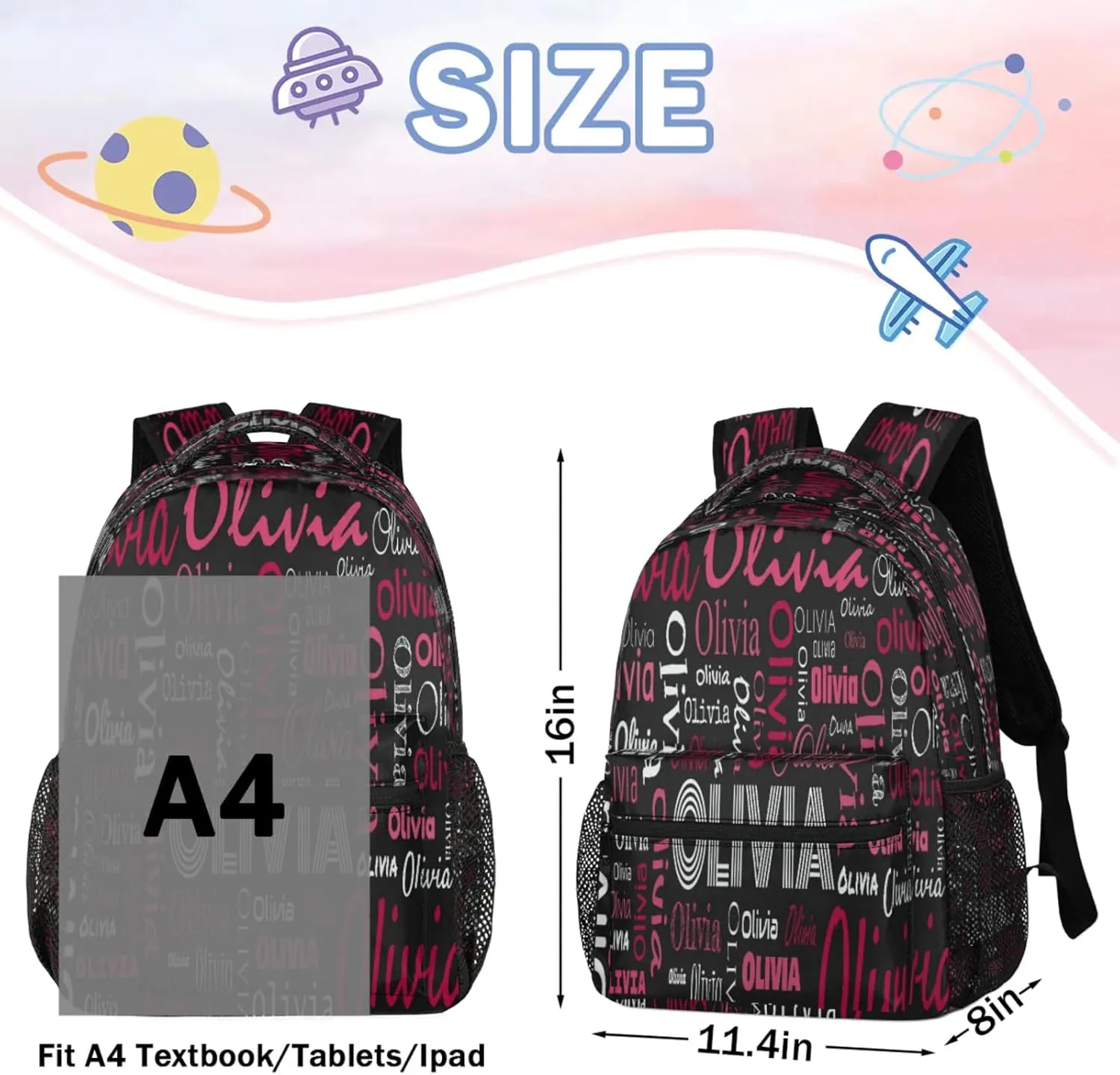 Custom Backpack Bag for Women Men, Waterproof Personalized Casual Backpacks with Name, Black Red Background Customized Bag Back Pack, Adjustable Shoulder Straps