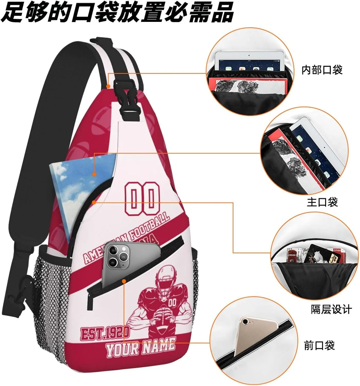 Custom Football Sling Bag Arizona Style Crossbody Bags Personalized Name And Number Shoulder Backpack Lightweight Chest Pack for Sports/Travel/Gifts