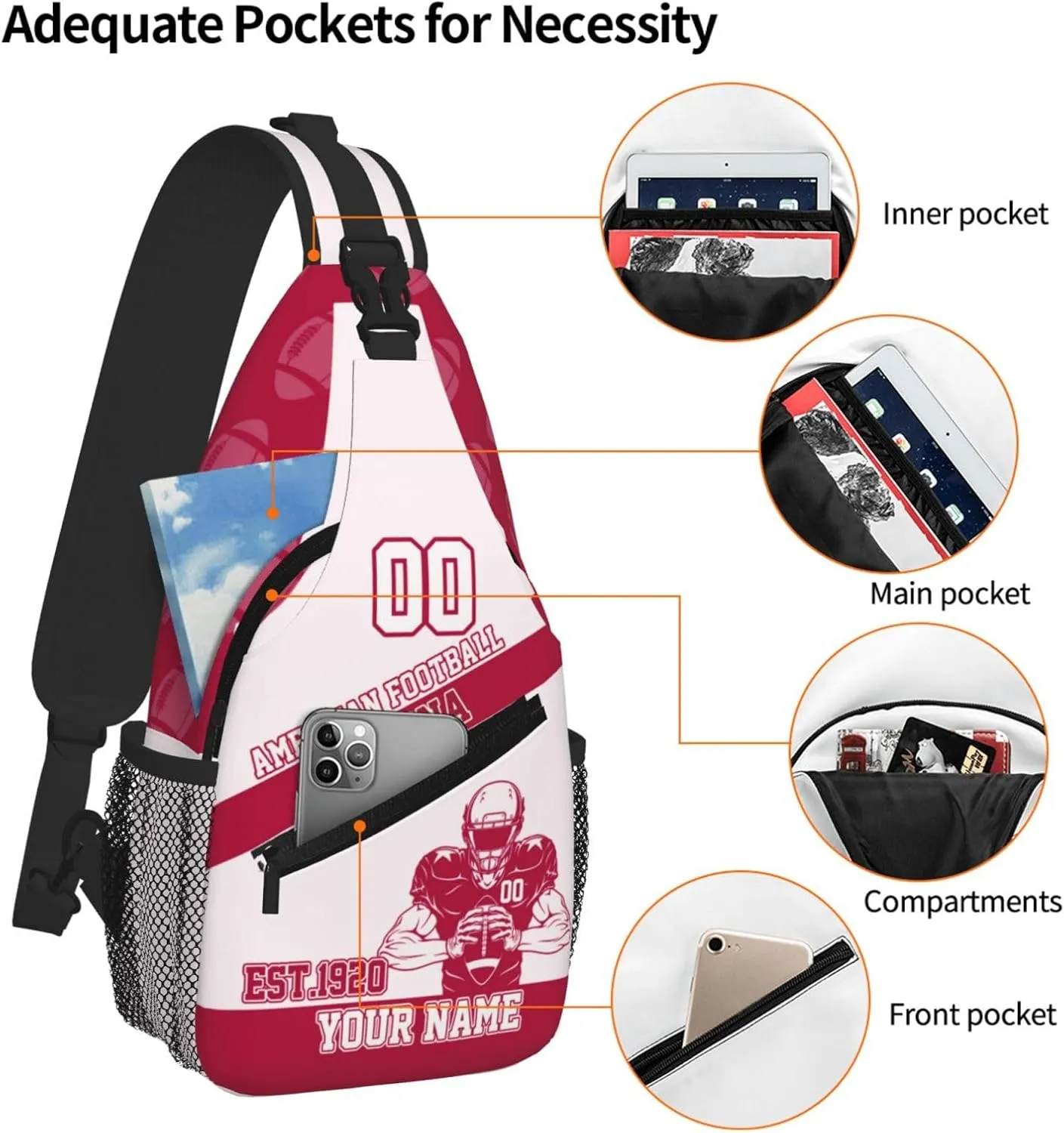 Custom Football Sling Bag Arizona Style Crossbody Bags Personalized Name And Number Shoulder Backpack Lightweight Chest Pack for Sports/Travel/Gifts