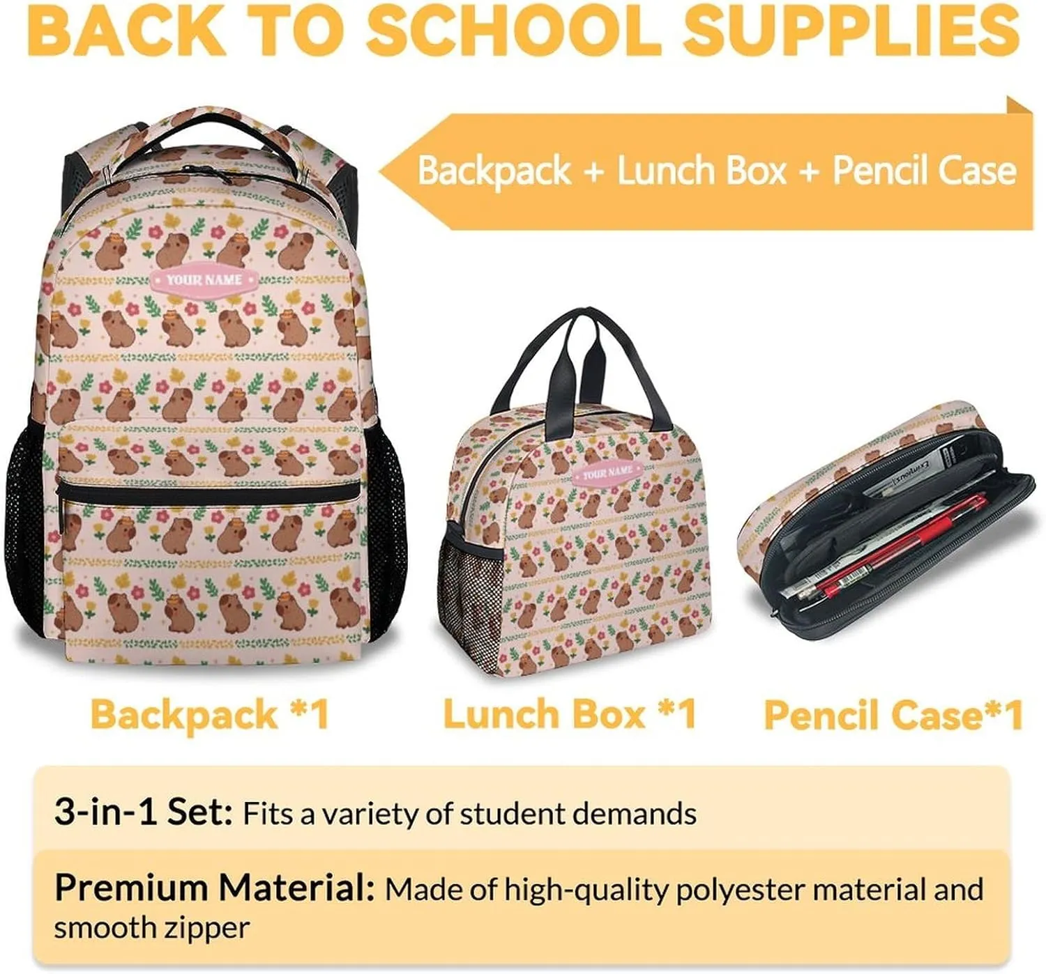 Custom Girls Backpack with Lunch Box, 3 in 1 School Backpacks Matching Combo, Cute Pink Bookbag and Pencil Case Bundle