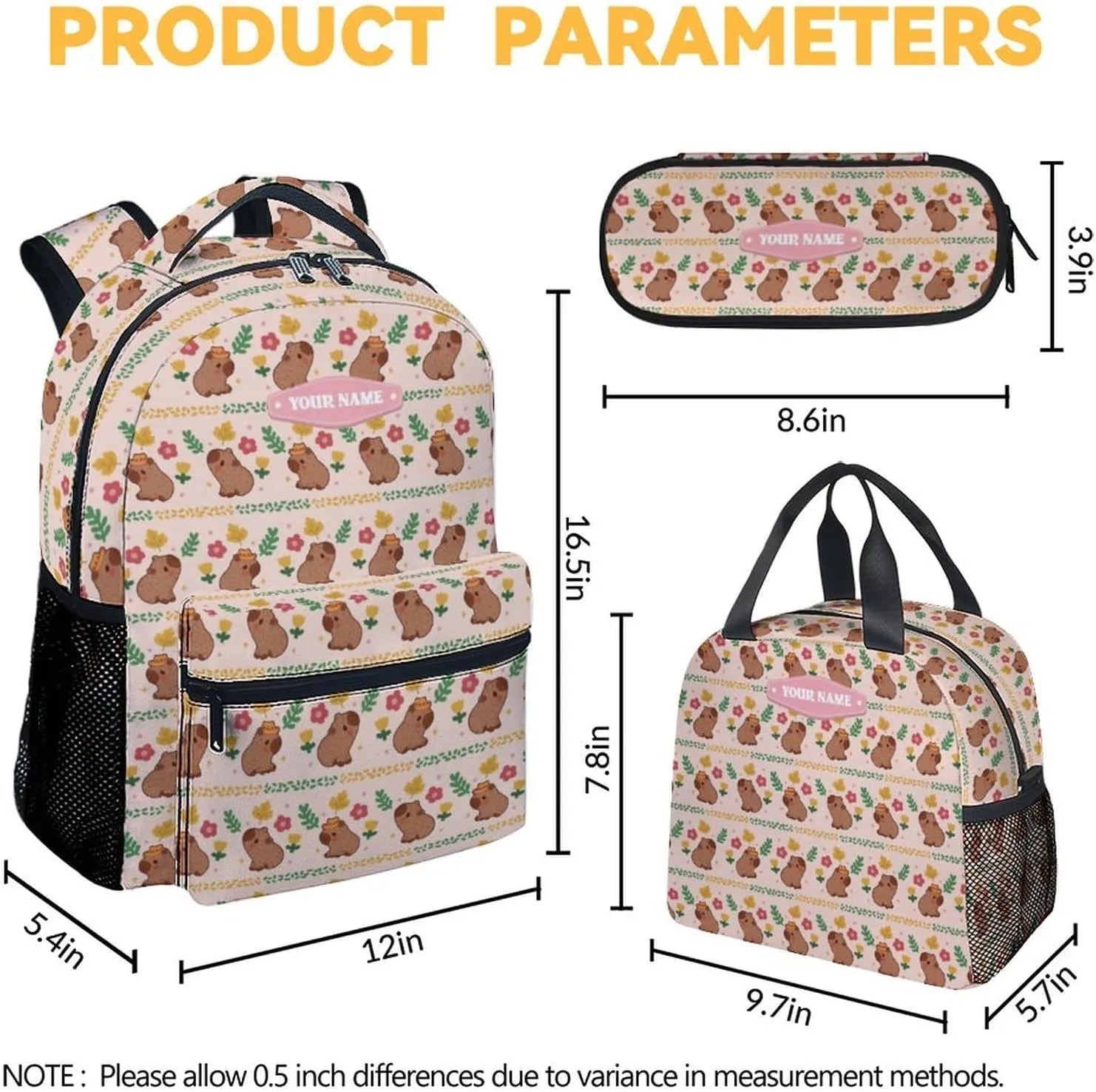 Custom Girls Backpack with Lunch Box, 3 in 1 School Backpacks Matching Combo, Cute Pink Bookbag and Pencil Case Bundle
