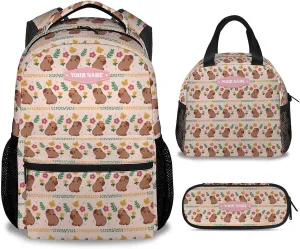 Custom Girls Backpack with Lunch Box, 3 in 1 School Backpacks Matching Combo, Cute Pink Bookbag and Pencil Case Bundle