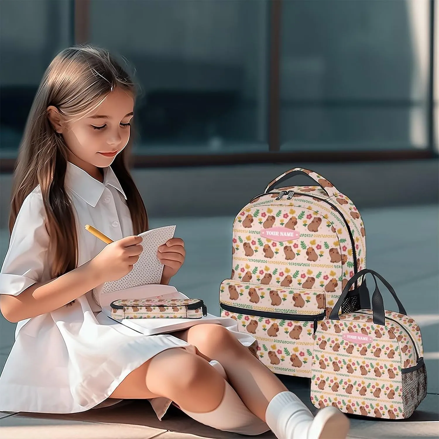 Custom Girls Backpack with Lunch Box, 3 in 1 School Backpacks Matching Combo, Cute Pink Bookbag and Pencil Case Bundle