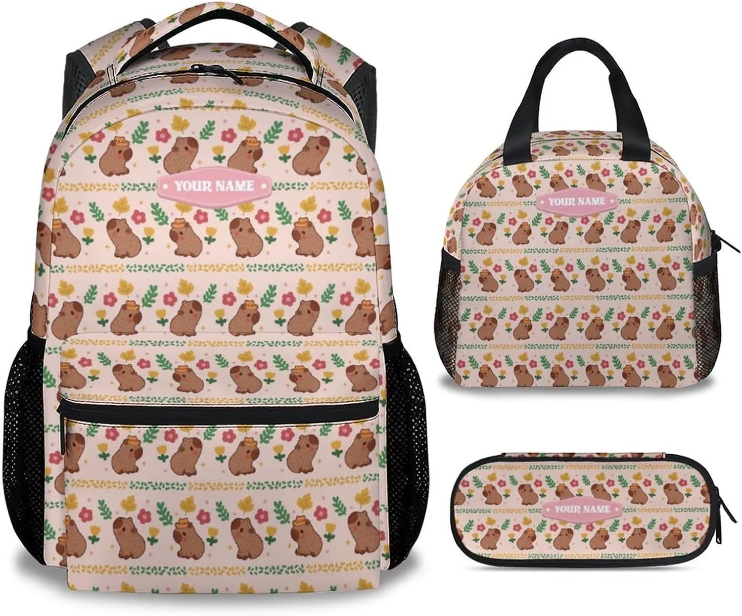 Custom Girls Backpack with Lunch Box, 3 in 1 School Backpacks Matching Combo, Cute Pink Bookbag and Pencil Case Bundle