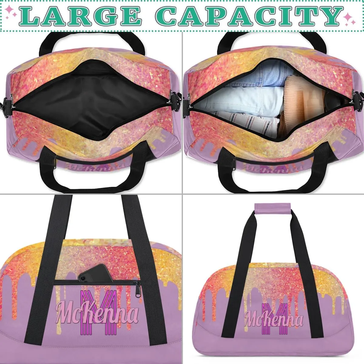 Custom Gym Dance Bag, Personalized Sports Bag for Teens Waterproof Weekender Carry Practice Travel Bag, Plum Purple with Colorful Rainbow Glitters