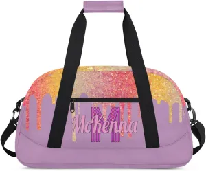 Custom Gym Dance Bag, Personalized Sports Bag for Teens Waterproof Weekender Carry Practice Travel Bag, Plum Purple with Colorful Rainbow Glitters