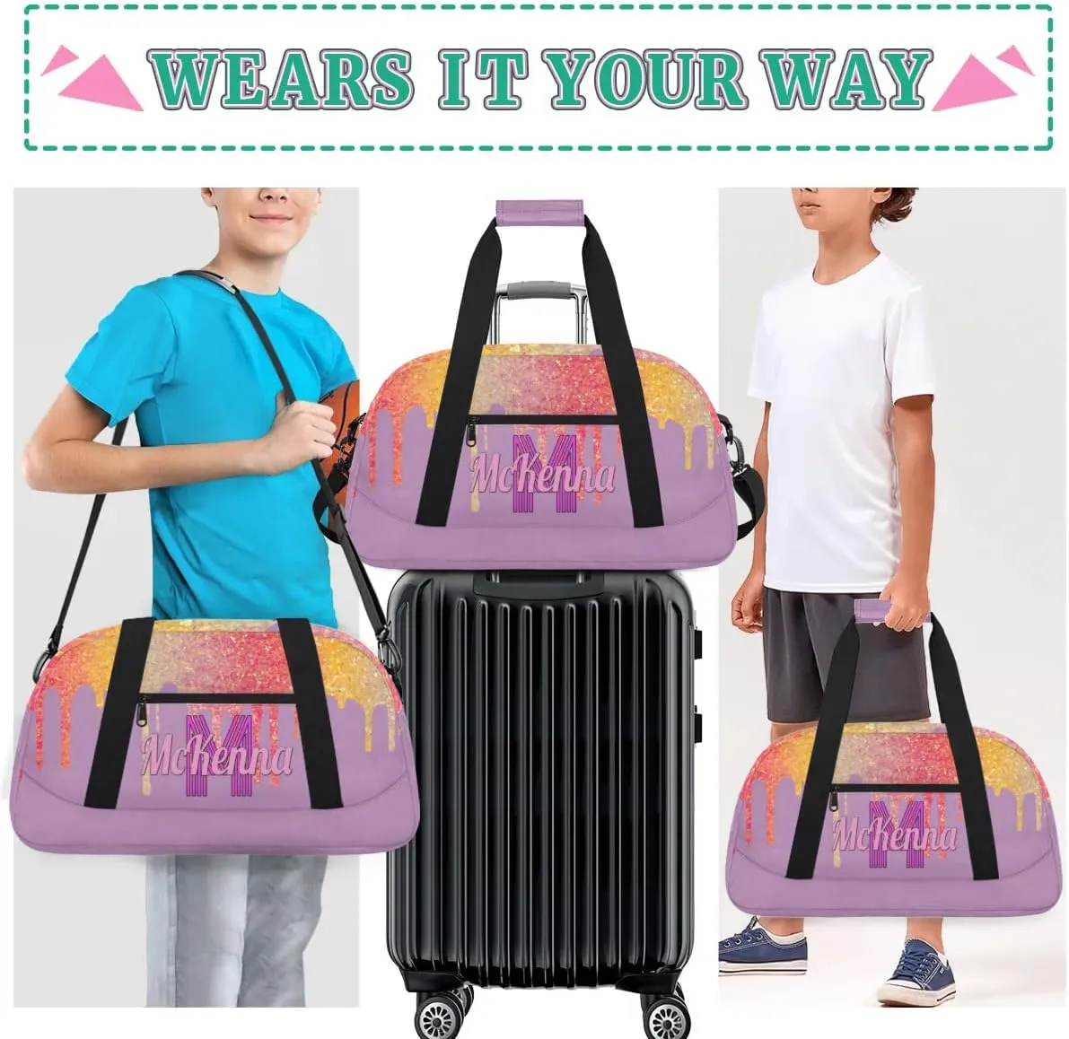 Custom Gym Dance Bag, Personalized Sports Bag for Teens Waterproof Weekender Carry Practice Travel Bag, Plum Purple with Colorful Rainbow Glitters