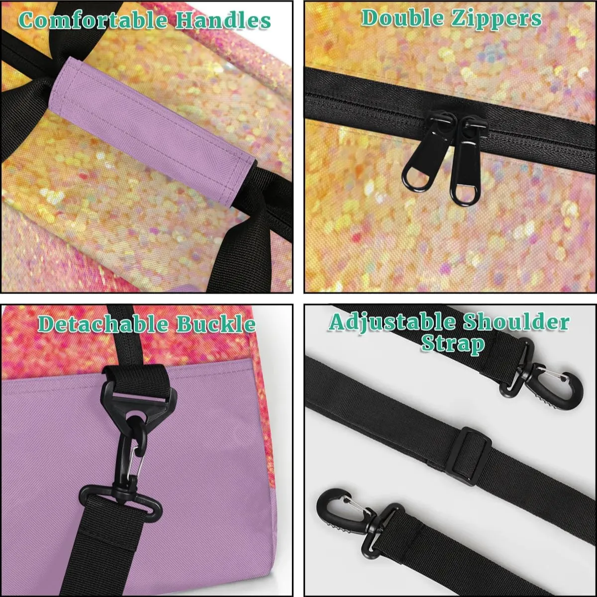 Custom Gym Dance Bag, Personalized Sports Bag for Teens Waterproof Weekender Carry Practice Travel Bag, Plum Purple with Colorful Rainbow Glitters
