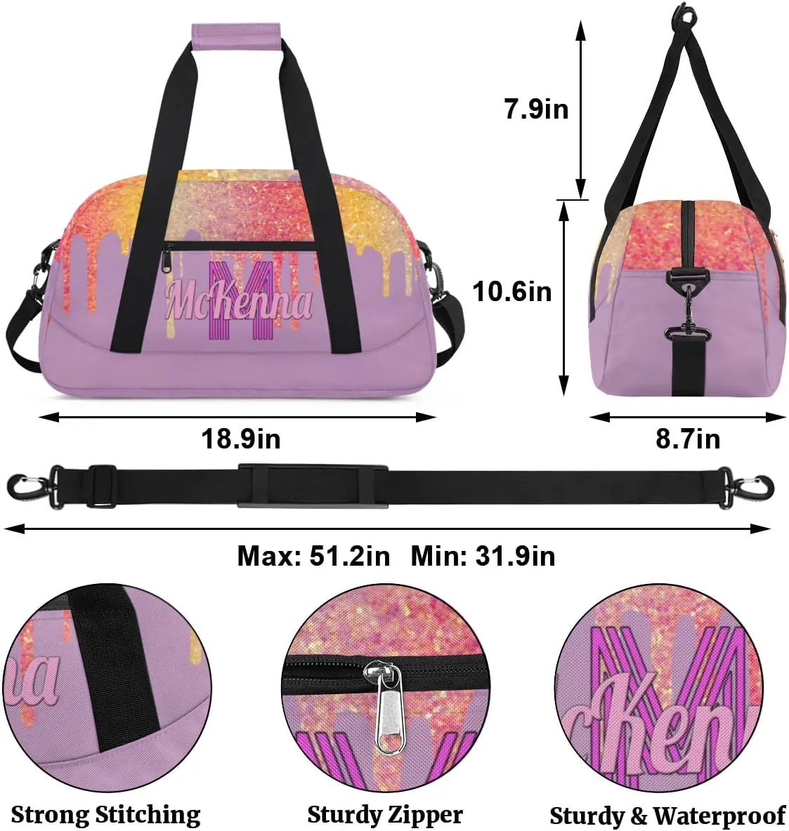 Custom Gym Dance Bag, Personalized Sports Bag for Teens Waterproof Weekender Carry Practice Travel Bag, Plum Purple with Colorful Rainbow Glitters