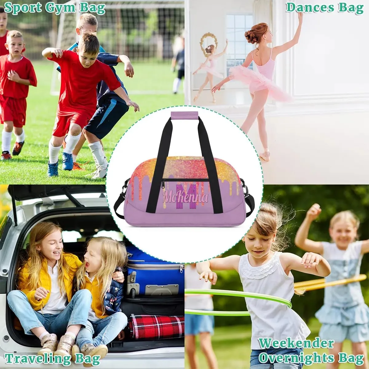 Custom Gym Dance Bag, Personalized Sports Bag for Teens Waterproof Weekender Carry Practice Travel Bag, Plum Purple with Colorful Rainbow Glitters