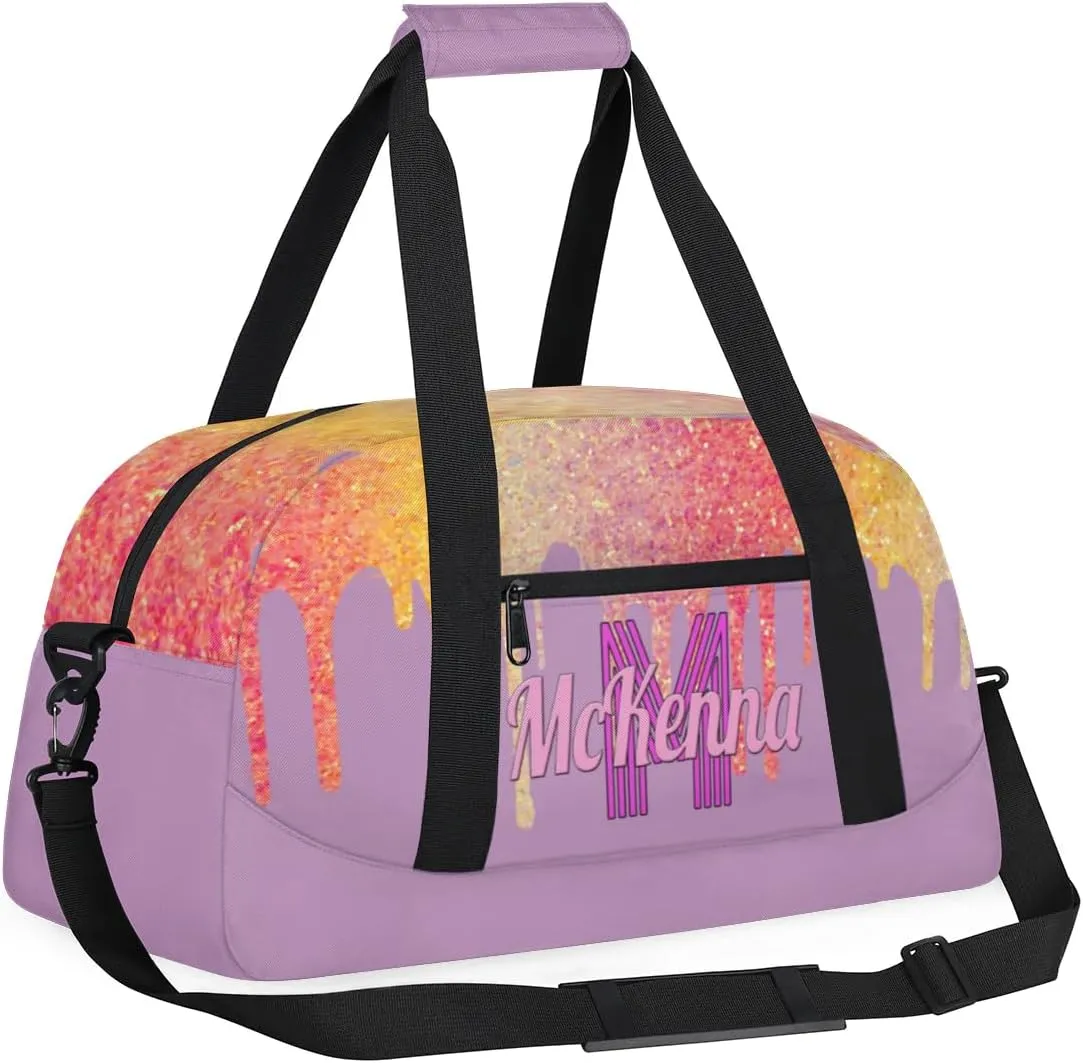 Custom Gym Dance Bag, Personalized Sports Bag for Teens Waterproof Weekender Carry Practice Travel Bag, Plum Purple with Colorful Rainbow Glitters