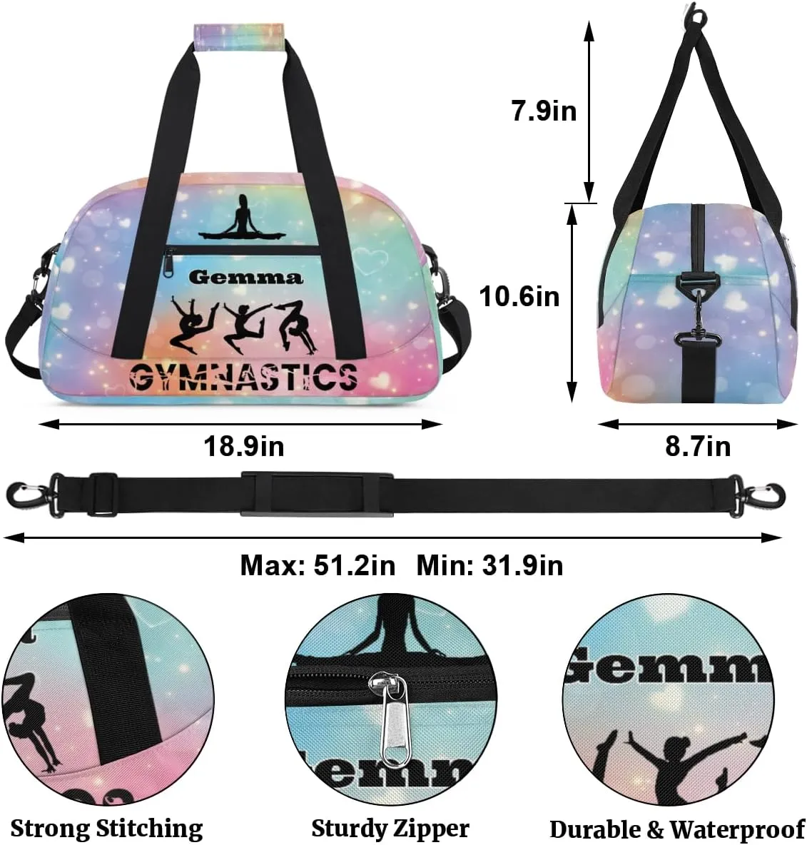 Custom Name Kids Overnight Duffel Bags, Watercolor Galaxy Gym Cheerleaders Personalized Sport Gym Bag Travel Practice Gymnastics Duffel Bag