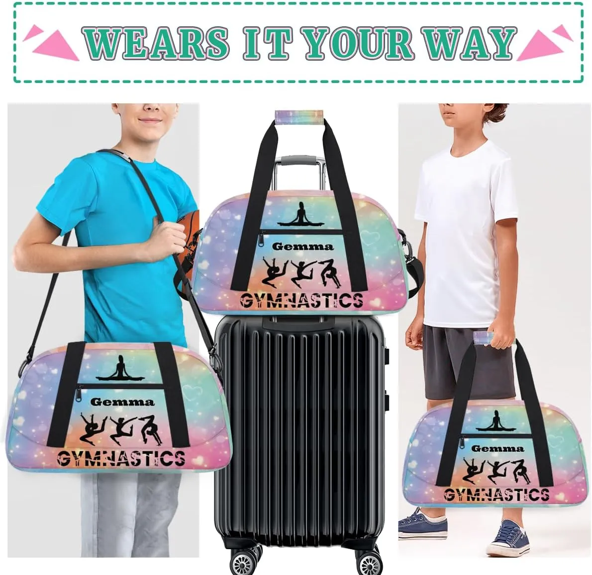 Custom Name Kids Overnight Duffel Bags, Watercolor Galaxy Gym Cheerleaders Personalized Sport Gym Bag Travel Practice Gymnastics Duffel Bag