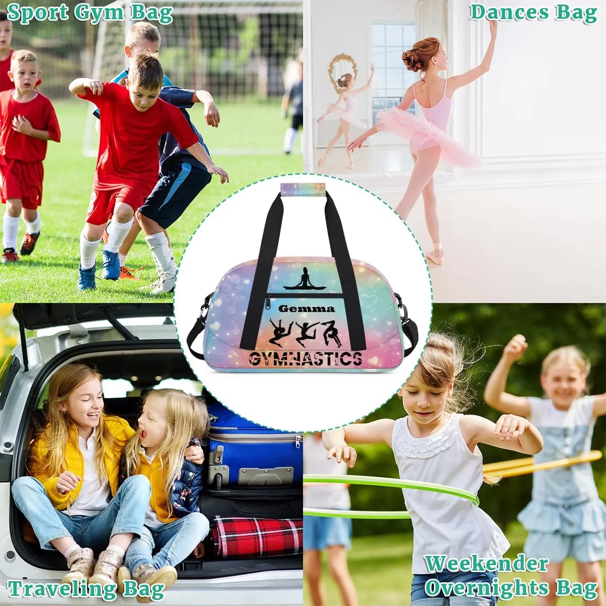 Custom Name Kids Overnight Duffel Bags, Watercolor Galaxy Gym Cheerleaders Personalized Sport Gym Bag Travel Practice Gymnastics Duffel Bag
