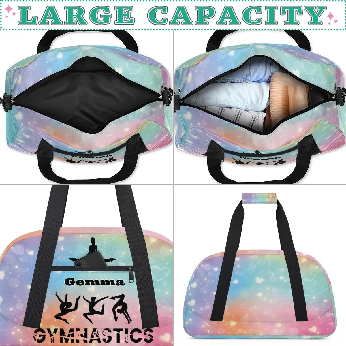 Custom Name Kids Overnight Duffel Bags, Watercolor Galaxy Gym Cheerleaders Personalized Sport Gym Bag Travel Practice Gymnastics Duffel Bag