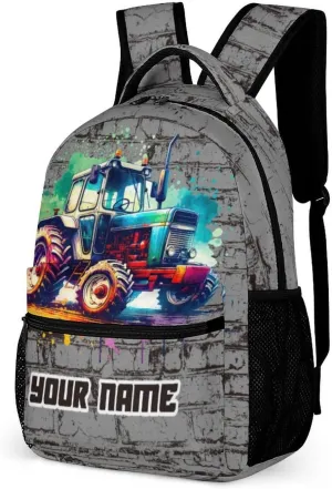 Custom Tractor Backpack for Kids Girls Boys School, 16 Inches Cute Tractors Theme Bookbag, Adjustable, Lightweight, Large Capacity, Colorful Daily Casual Backpacks