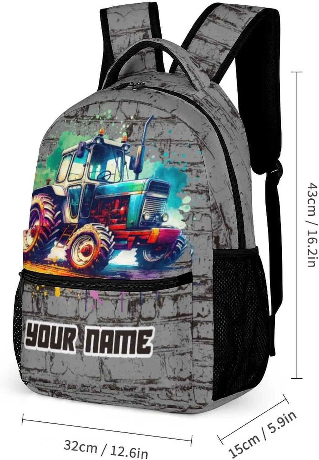 Custom Tractor Backpack for Kids Girls Boys School, 16 Inches Cute Tractors Theme Bookbag, Adjustable, Lightweight, Large Capacity, Colorful Daily Casual Backpacks