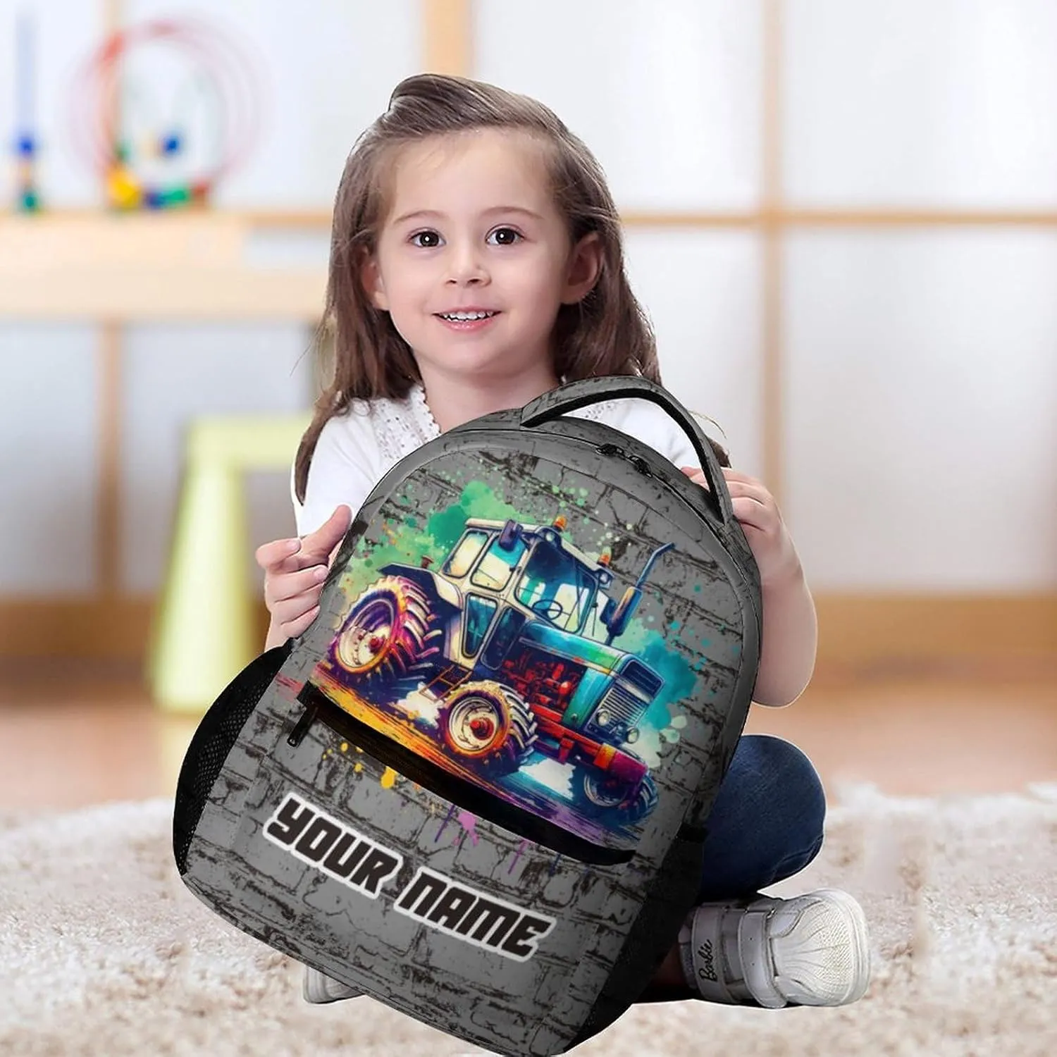 Custom Tractor Backpack for Kids Girls Boys School, 16 Inches Cute Tractors Theme Bookbag, Adjustable, Lightweight, Large Capacity, Colorful Daily Casual Backpacks