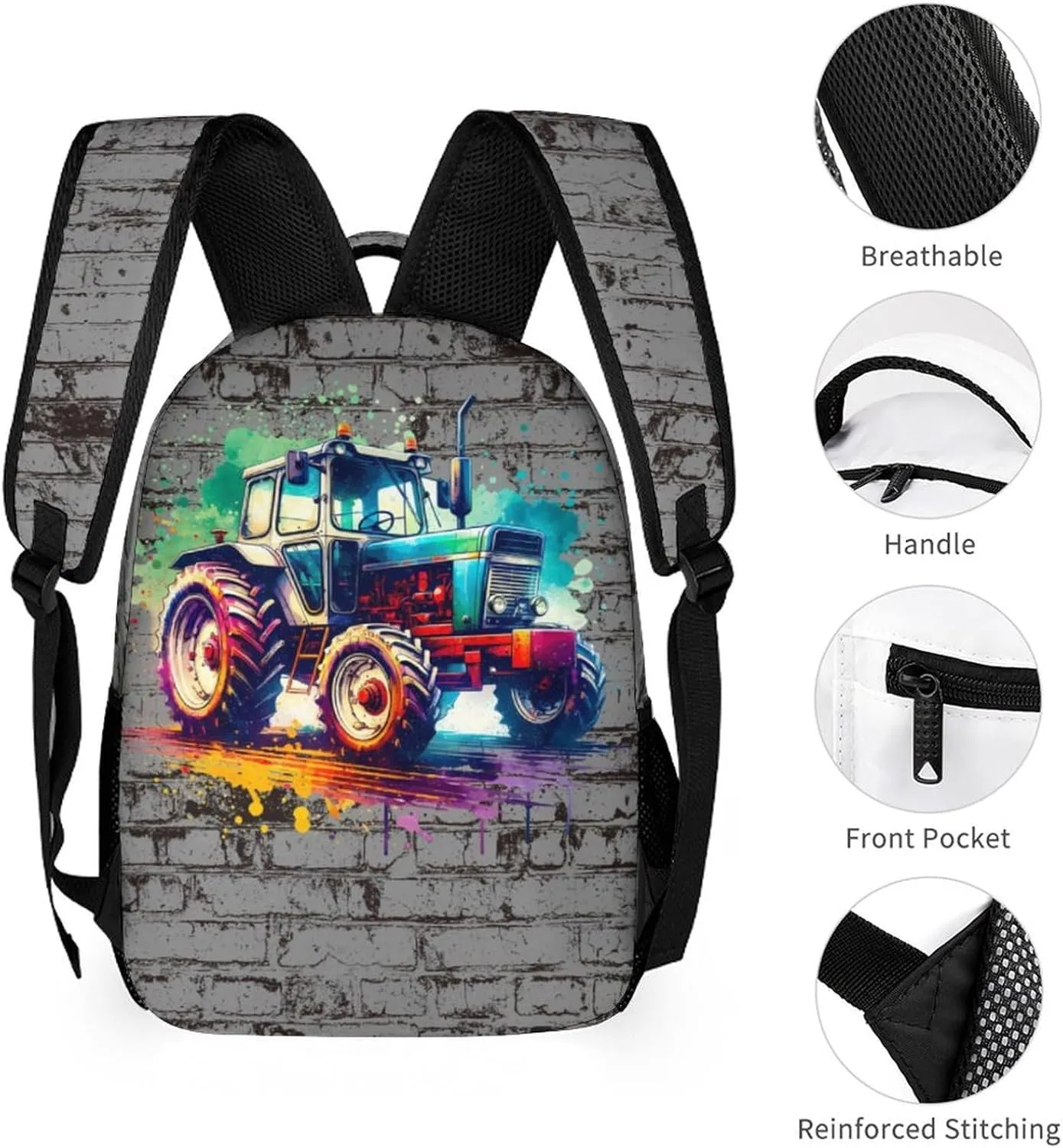 Custom Tractor Backpack for Kids Girls Boys School, 16 Inches Cute Tractors Theme Bookbag, Adjustable, Lightweight, Large Capacity, Colorful Daily Casual Backpacks