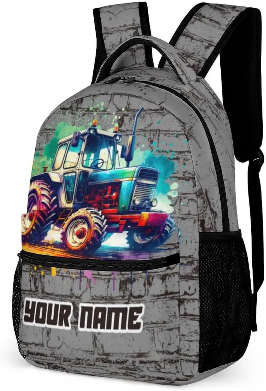 Custom Tractor Backpack for Kids Girls Boys School, 16 Inches Cute Tractors Theme Bookbag, Adjustable, Lightweight, Large Capacity, Colorful Daily Casual Backpacks