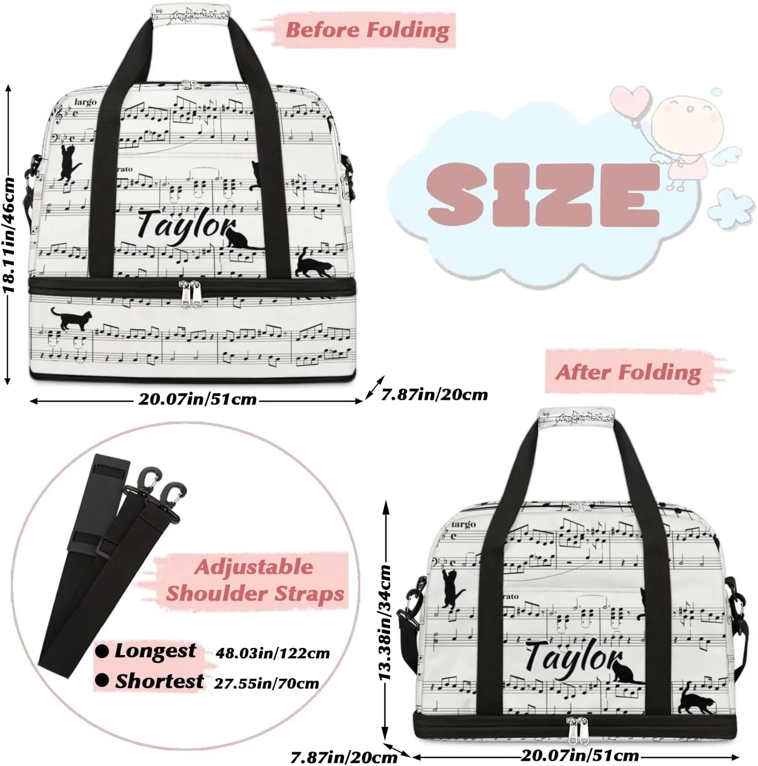 Customized Gym Bag for Women, Personalized Musical Notes Travel Duffel Bag with Name, Cat Print Weekender Overnight Bag with Shoes Compartment for Men Travel Yoga