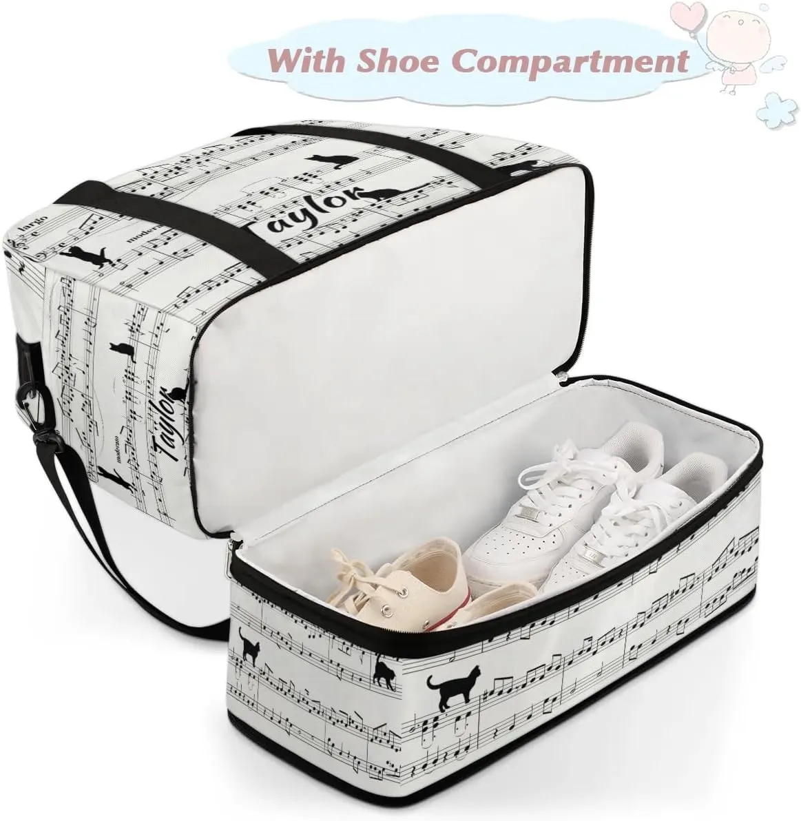 Customized Gym Bag for Women, Personalized Musical Notes Travel Duffel Bag with Name, Cat Print Weekender Overnight Bag with Shoes Compartment for Men Travel Yoga