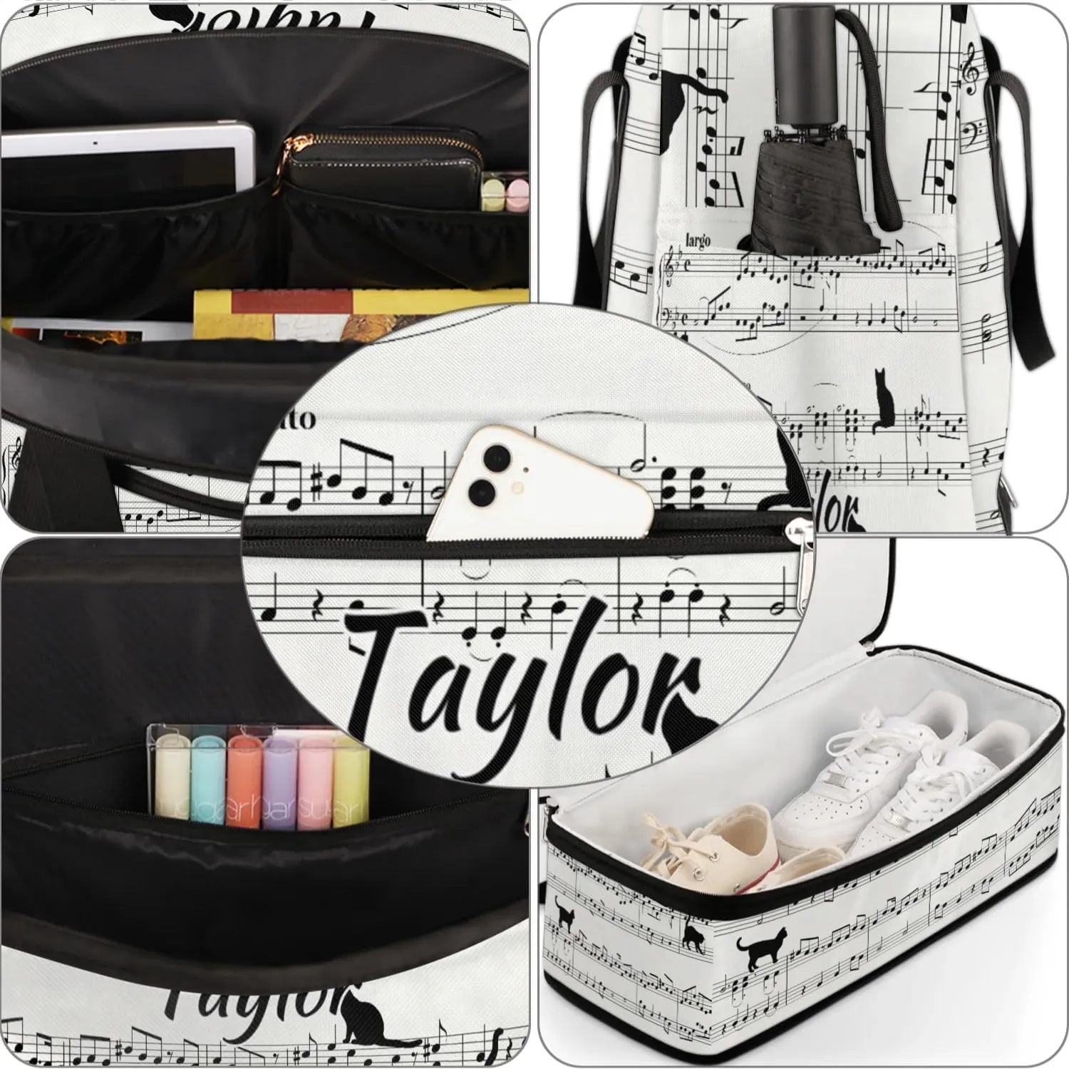 Customized Gym Bag for Women, Personalized Musical Notes Travel Duffel Bag with Name, Cat Print Weekender Overnight Bag with Shoes Compartment for Men Travel Yoga