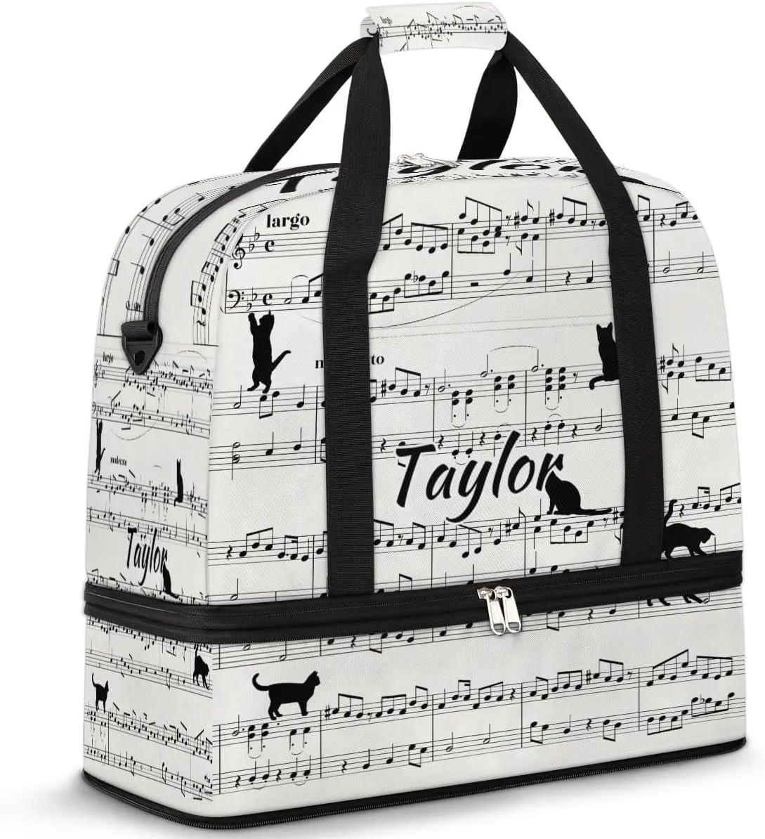 Customized Gym Bag for Women, Personalized Musical Notes Travel Duffel Bag with Name, Cat Print Weekender Overnight Bag with Shoes Compartment for Men Travel Yoga