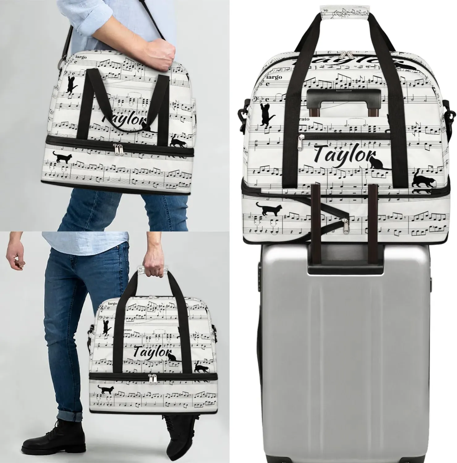Customized Gym Bag for Women, Personalized Musical Notes Travel Duffel Bag with Name, Cat Print Weekender Overnight Bag with Shoes Compartment for Men Travel Yoga