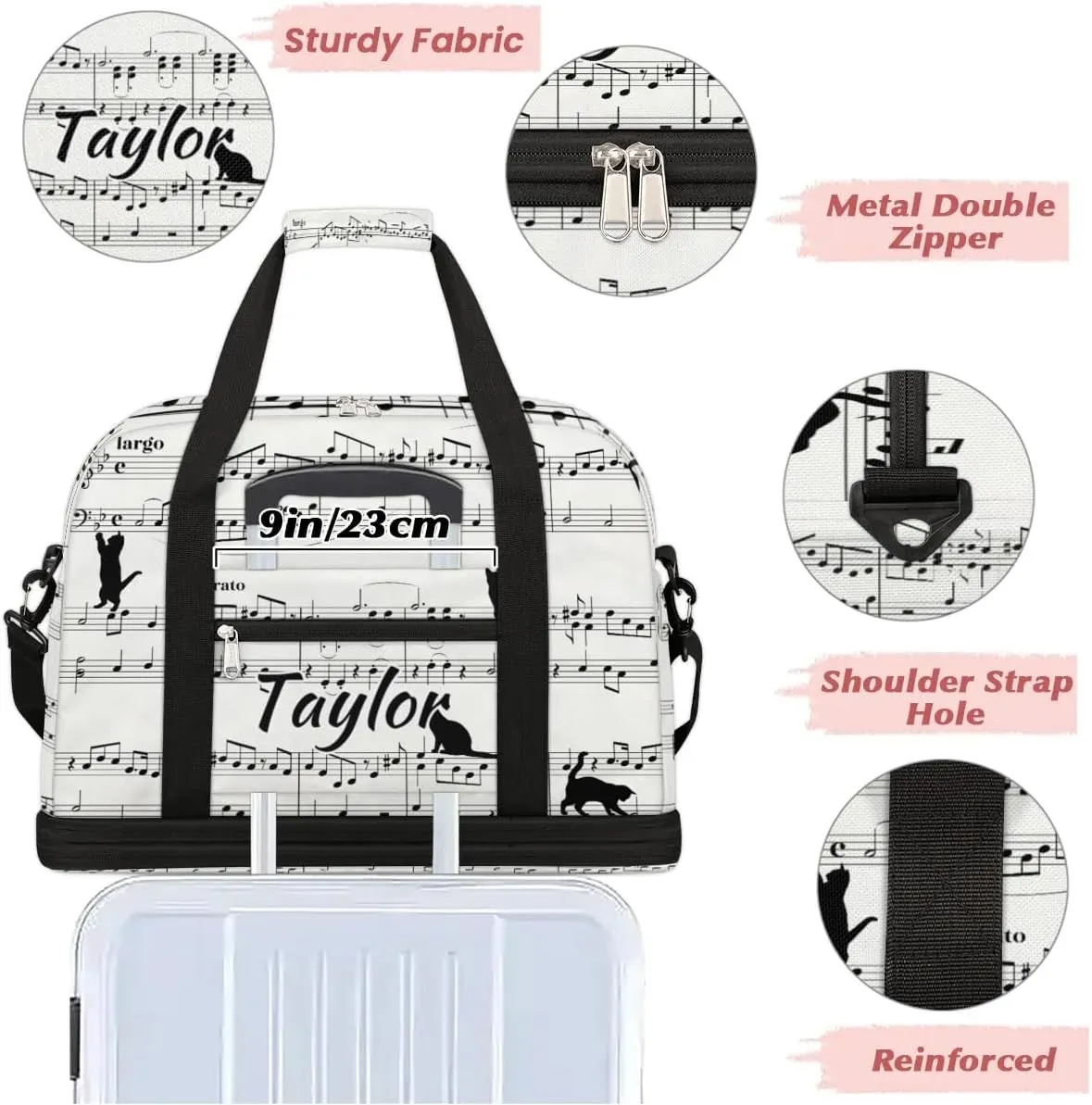 Customized Gym Bag for Women, Personalized Musical Notes Travel Duffel Bag with Name, Cat Print Weekender Overnight Bag with Shoes Compartment for Men Travel Yoga