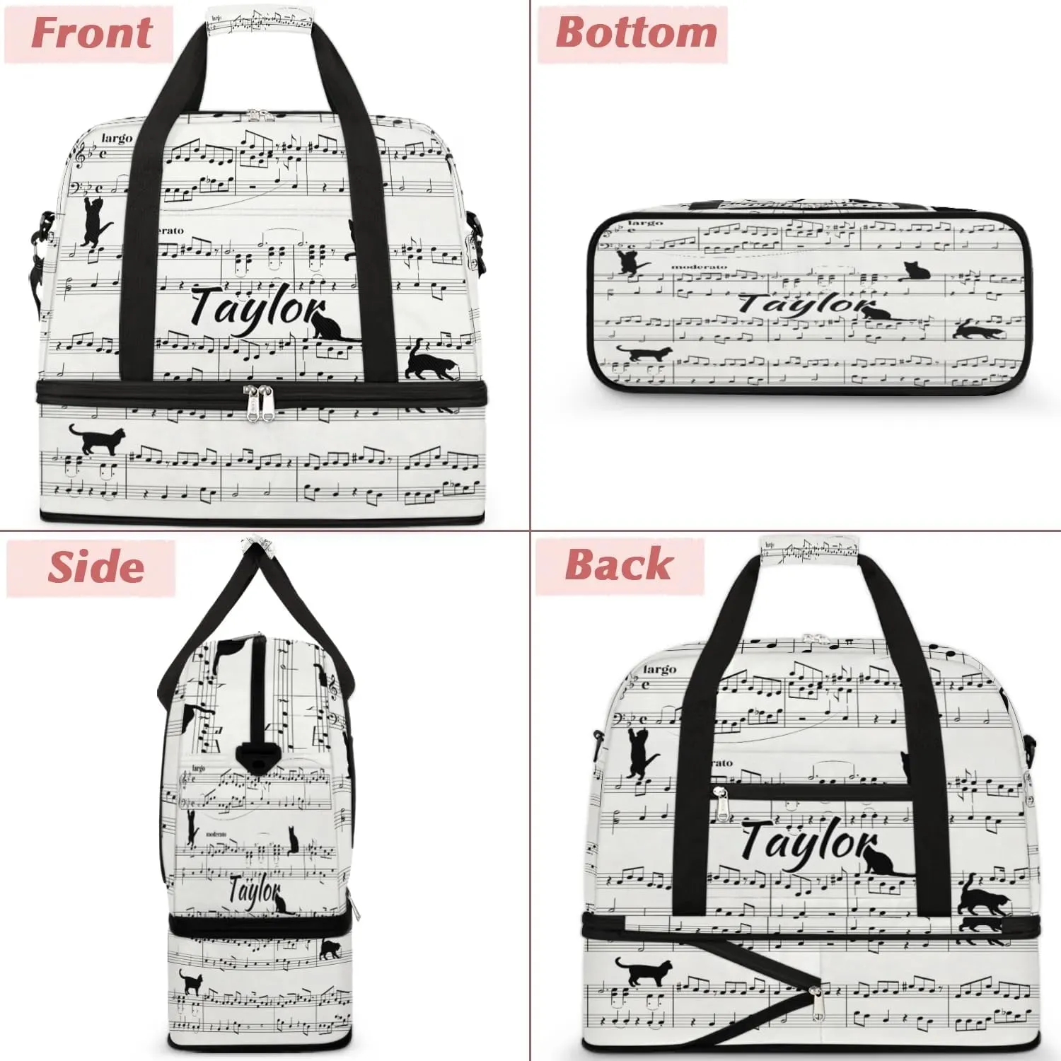 Customized Gym Bag for Women, Personalized Musical Notes Travel Duffel Bag with Name, Cat Print Weekender Overnight Bag with Shoes Compartment for Men Travel Yoga