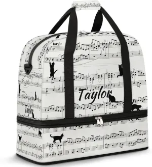 Customized Gym Bag for Women, Personalized Musical Notes Travel Duffel Bag with Name, Cat Print Weekender Overnight Bag with Shoes Compartment for Men Travel Yoga