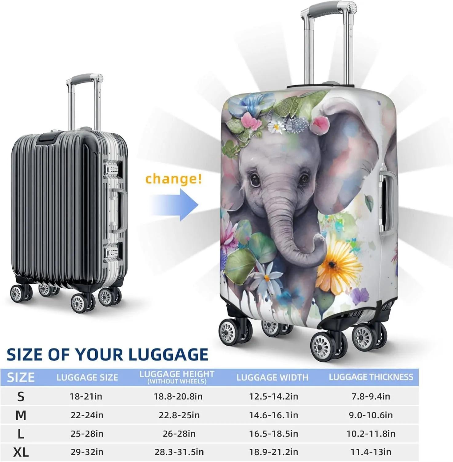 Cute Baby Elephant Travel Luggage Cover Fits 18/24/28/32 Inch Luggage, Washable Suitcase Cover Protector with Concealed Zipper for Wheeled Suitcase Tsa Approved