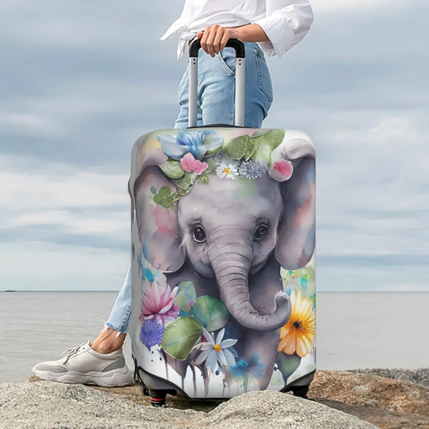 Cute Baby Elephant Travel Luggage Cover Fits 18/24/28/32 Inch Luggage, Washable Suitcase Cover Protector with Concealed Zipper for Wheeled Suitcase Tsa Approved