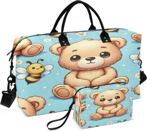 Cute Bear Sit Travel Duffel Bags with Toiletry Bag for Travel Gym Yoga Weekender Bag