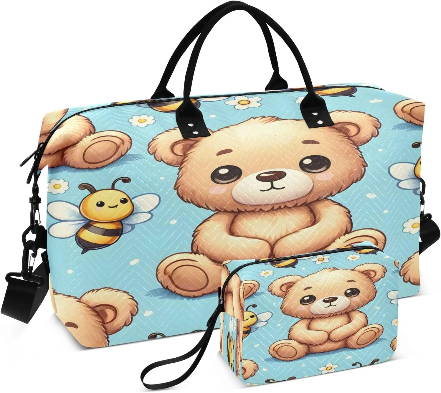 Cute Bear Sit Travel Duffel Bags with Toiletry Bag for Travel Gym Yoga Weekender Bag