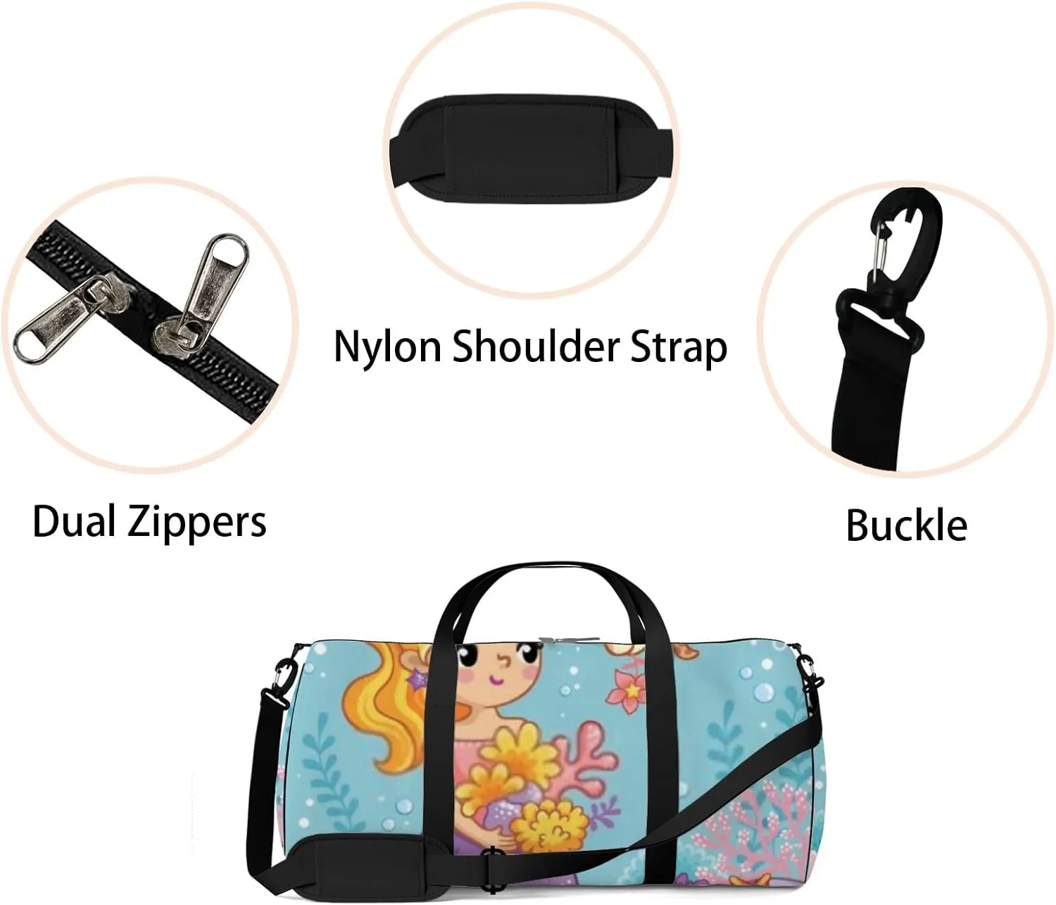 Cute Beautiful Mermaid Sits On Stone Sports Bag Tote Bag Waterproof Gym Bag with Shoulder Strap Zipper 2 Side Pockets for Men and Women, Travel and Storage Shoulder Bag.
