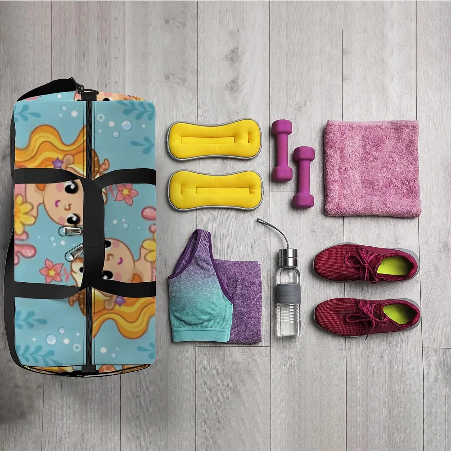 Cute Beautiful Mermaid Sits On Stone Sports Bag Tote Bag Waterproof Gym Bag with Shoulder Strap Zipper 2 Side Pockets for Men and Women, Travel and Storage Shoulder Bag.