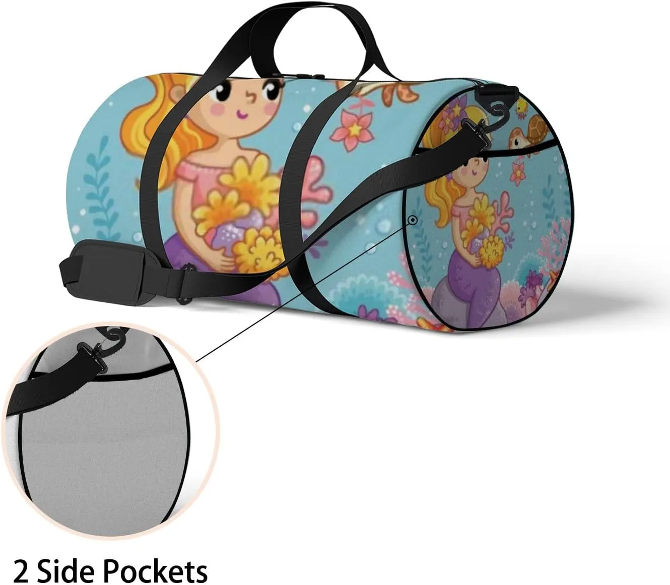 Cute Beautiful Mermaid Sits On Stone Sports Bag Tote Bag Waterproof Gym Bag with Shoulder Strap Zipper 2 Side Pockets for Men and Women, Travel and Storage Shoulder Bag.