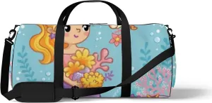 Cute Beautiful Mermaid Sits On Stone Sports Bag Tote Bag Waterproof Gym Bag with Shoulder Strap Zipper 2 Side Pockets for Men and Women, Travel and Storage Shoulder Bag.