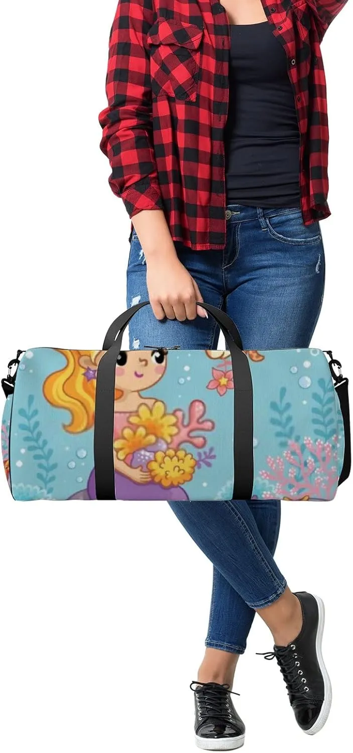 Cute Beautiful Mermaid Sits On Stone Sports Bag Tote Bag Waterproof Gym Bag with Shoulder Strap Zipper 2 Side Pockets for Men and Women, Travel and Storage Shoulder Bag.