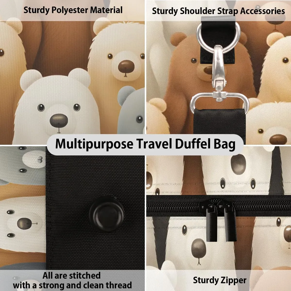 Cute Cartoon Bears Travel Duffel Bag for Women Men Waterproof Foldable Overnight Weekender Bag Large Capacity Sports Gym Bag
