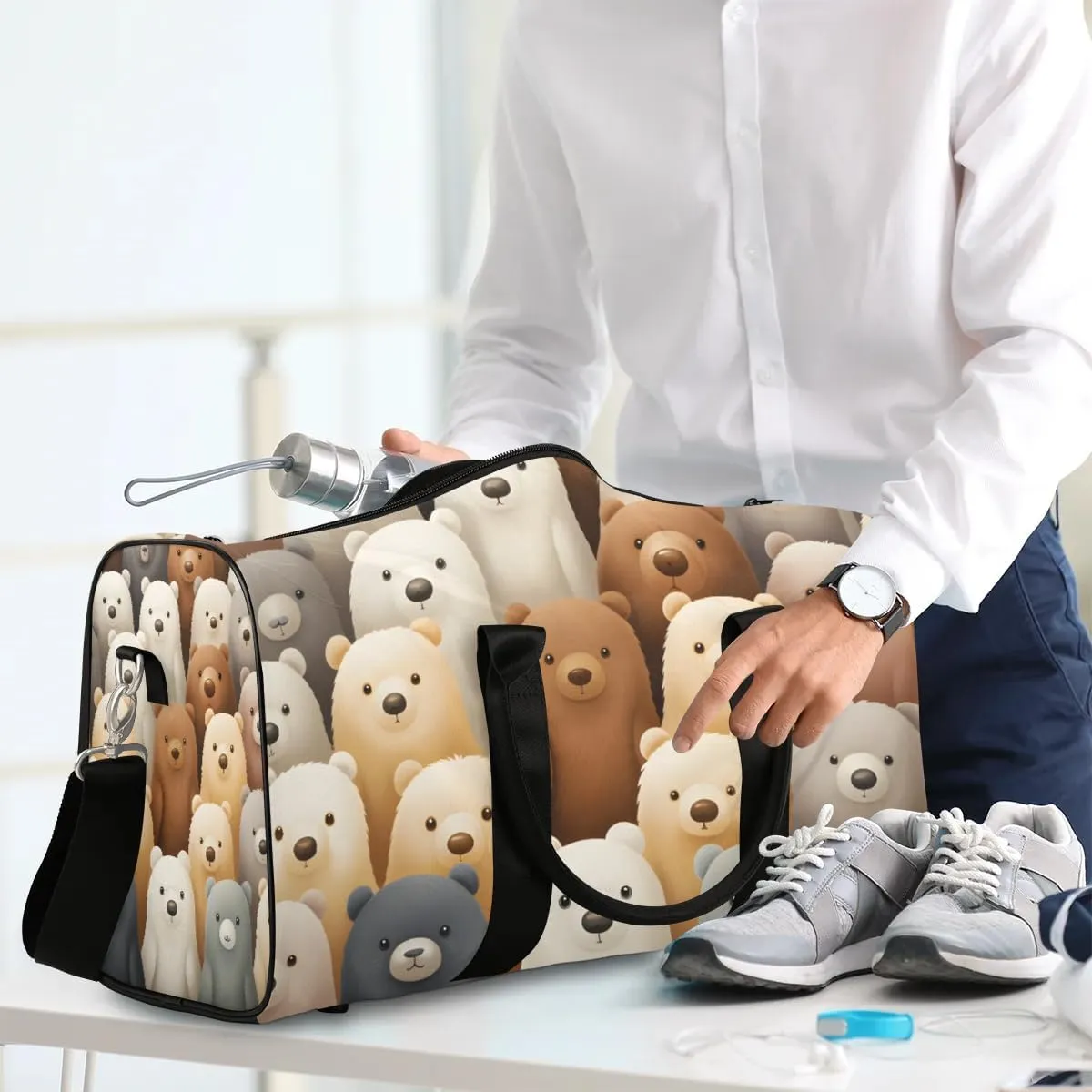 Cute Cartoon Bears Travel Duffel Bag for Women Men Waterproof Foldable Overnight Weekender Bag Large Capacity Sports Gym Bag