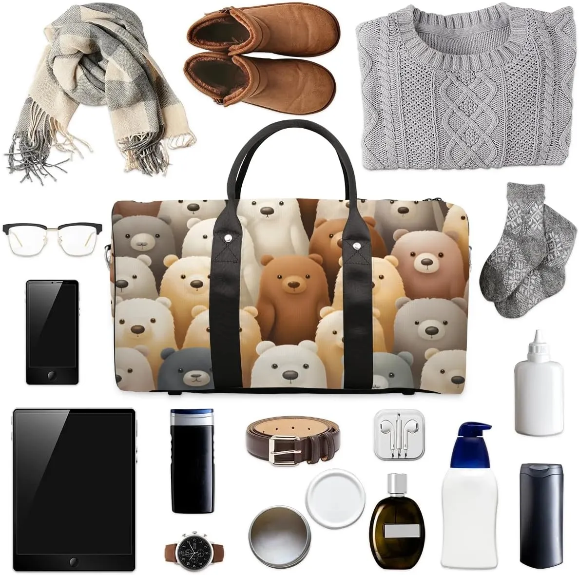 Cute Cartoon Bears Travel Duffel Bag for Women Men Waterproof Foldable Overnight Weekender Bag Large Capacity Sports Gym Bag