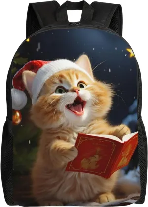 Cute Cat Sing Christmas Carols Cute Backpack Waterproof Lightweight Laptop Backpack Shoulder Bag Casual Daypack For Women Men