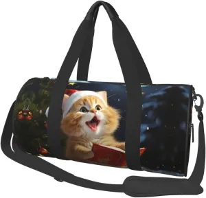 Cute Cat Sing Christmas Carols Print Travel Duffel Bags With Pocket And Adjustable Strap Large Gym Bag Fashion Yoga Bag For Women Men
